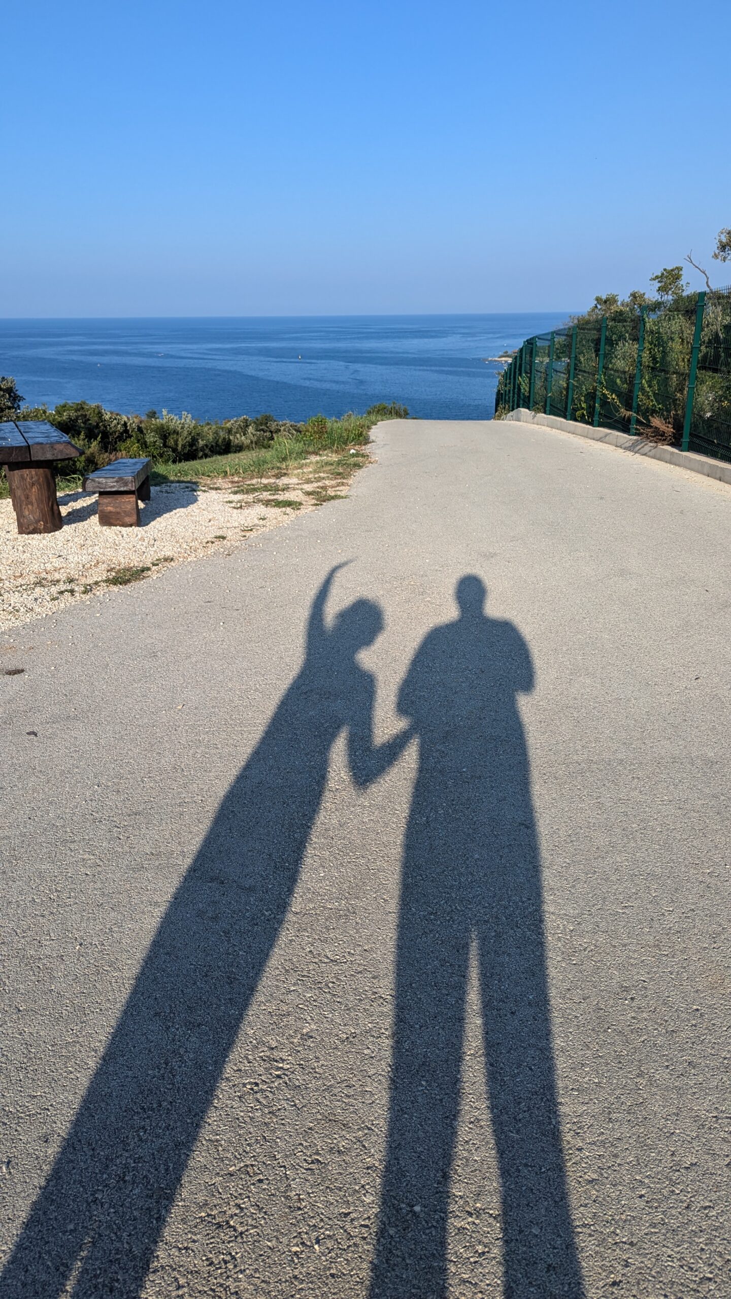shadows of people holding hands on a road with a body of water in the background